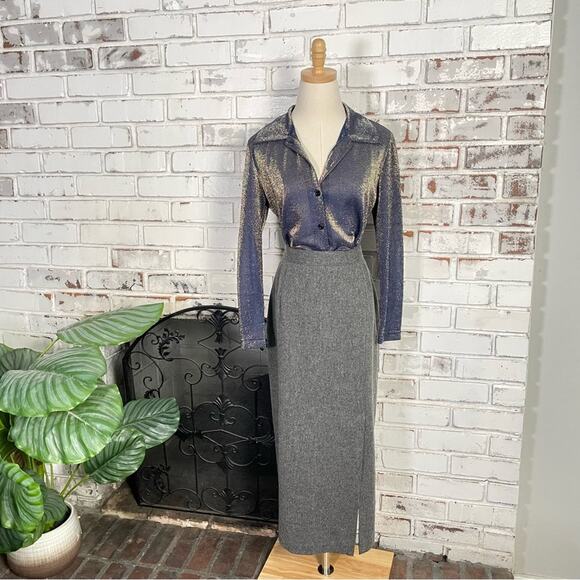 Vintage 90s Slightly Sheer Blue Gold Iridescent Button Down Long Sleeve Top - Picture 1 of 11